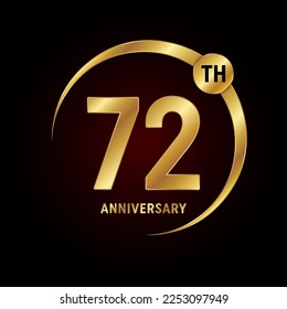 72° aniversario. Concepto de diseño del logo del aniversario con anillo de oro para celebración del aniversario, tarjeta de invitación, tarjeta de saludo, banner, afiche, volante, portada del libro. Plantilla de vectores de logotipos