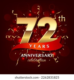 72th Anniversary logo design with golden numbers and red ribbon for anniversary celebration event, invitation, wedding, greeting card, banner, poster, flyer, brochure, book cover. Logo Vector Template