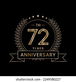 Diseño del logo del 72º Aniversario con corona de laurel para celebración, evento, invitación, pancarta, afiche, volante, tarjeta de saludo. Diseño de arte de línea, Ilustración de vectores de logotipos