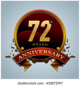72th anniversary logo with gold circle badge. Anniversary signs illustration. Vibrant colors anniversary logo with geometric shape and circle gold ring