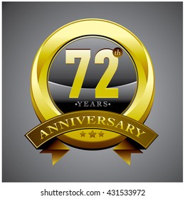 72th anniversary logo with gold ribbon. Anniversary signs illustration. Silver anniversary logo with gold ribbon and circle ring