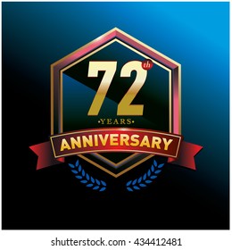 72th anniversary logo with gold ring and red ribbon. Anniversary signs illustration. Gold anniversary logo design and illustration