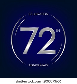 72th anniversary. Seventy-two years birthday celebration banner in silver color. Circular logo with elegant number design.
