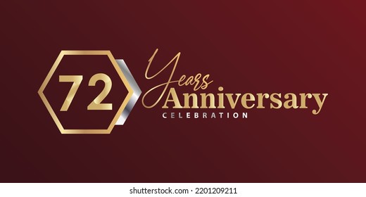 72th Year Anniversary Celebration Golden and Silver Color with Hexagon Shape for Celebration Event, Wedding, Greeting card, and Invitation Isolated on Black Background