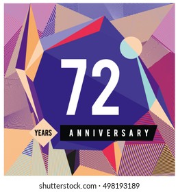 72th years greeting card anniversary with colorful number and frame. logo and icon with Memphis style cover and design template