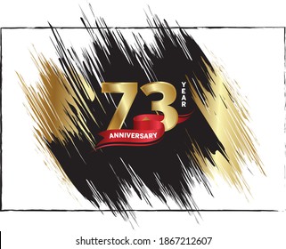 73 Anniversary celebration, Luxury anniversary template over gold and black brush, Golden number with red ribbon isolation background, Party event decoration, Vector.