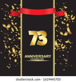 73 anniversary logo with confetti golden colored and red ribbon isolated on black background, vector design for greeting card and invitation card