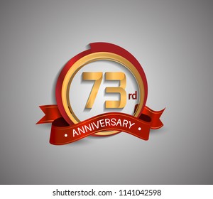73 anniversary logotype elegant circle golden and red color red ribbon isolated on white background for use company celebration event