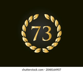 73 Anniversary Ring Logo Template. 73 Years Anniversary Logo With Golden Ring Isolated On Black Background, For Birthday, Anniversary And Company Celebration