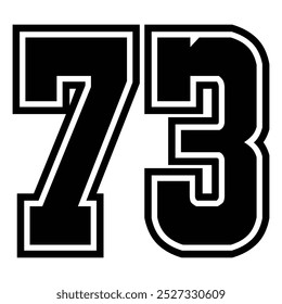 73 Classic Vintage Sport Jersey, números uniformes em preto com um número de linha de contorno externo preto em fundo branco para futebol americano, beisebol e basquete ou futebol