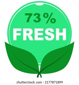 73% fresh fruits vector art illustration sign symbol in green round shape with leaves business stamp isolated on white background