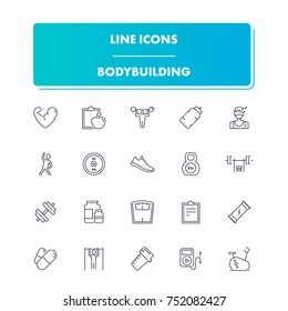 73. Line sport icons set. Bodybuilding pack. Vector illustration for fitness, gym and active life 
