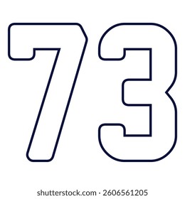 73 number classic american, college style font. Uniform letter in black with a black outside contour line. Vintage sport font.For jersey, t-shirt, basketball, baseball, football. Isolated vector