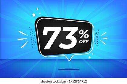 73% de descuento. Banner azul con 73 por ciento de descuento en un globo negro para grandes ventas.