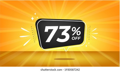 73% off. Yellow banner with seventy-three percent discount on a black balloon for mega big sales.