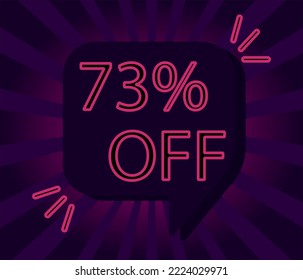 73% setenta y tres por ciento de descuento. contorno rosa sobre fondo morado y negro. banner comercial de venta. moda comercial