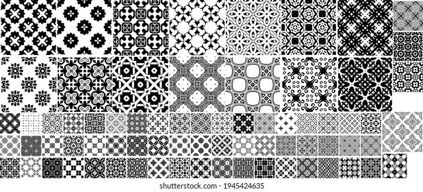 73 Patrones geométricos diferentes y universales. Se puede usar textura vectorial sin fin para envolver papel tapiz, rellenos de patrones, fondo web, texturas superficiales. Conjunto de ornamentos monocromos