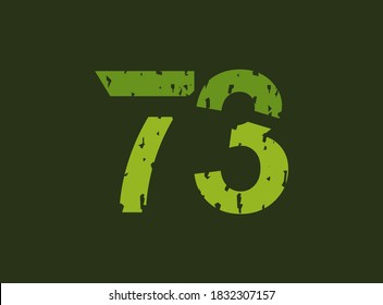 73 vector number made of grungy, grunge texture. Rubber stamp imprint style. For logo, brand label, poster, design elements etc.