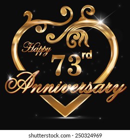 73 year anniversary golden heart, 73rd anniversary decorative golden heart design - vector eps10