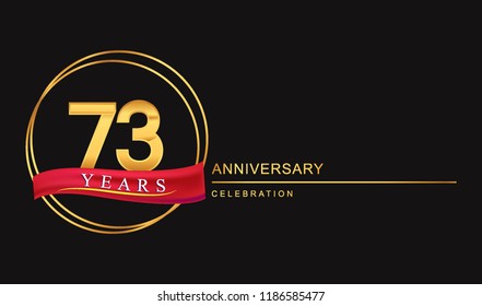 73 years anniversary celebration with golden color and ring, red ribbon for anniversary celebration