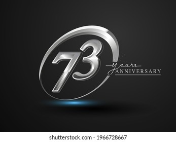 73 Years Anniversary Celebration. Anniversary logo with ring and elegance silver color isolated on black background, vector design for celebration, invitation card, and greeting card