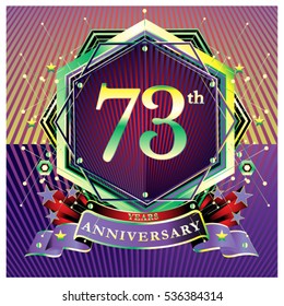 73 years anniversary logo celebration with ring and ribbon. Symbol and template for greeting card