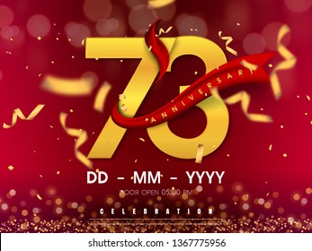 73 years anniversary logo template on gold background. 73rd celebrating golden numbers with red ribbon vector and confetti isolated design elements