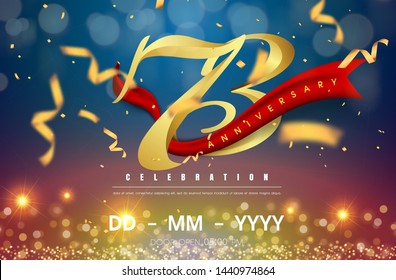 73 years anniversary logo template on gold and blue background. 73rd celebrating golden numbers with red ribbon vector and confetti isolated design elements