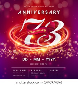 73 years anniversary logo template on red and pink  futuristic space background. 73rd modern technology design celebrating numbers with Hi-tech network digital technology concept design elements