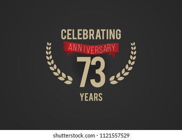 73 Years Anniversary logotype with golden colored font number, with ribbon and laurel, isolated on black background for company celebration event, birthday