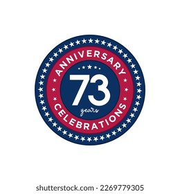 73 Jahre Jubiläum. Jubiläum Template Design, rot und blau mit Sternen, Design für Veranstaltung, Einladungskarte, Grußkarte, Banner, Poster, Flyer, Buchumschlag und Druck. Vektorgrafik-EPS10