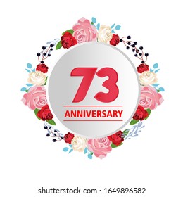 73 años de aniversario. Tarjeta de saludo de diseño vectorial con círculo floral decorativo para celebración