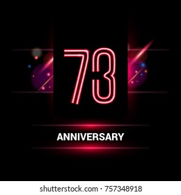 73 Years Anniversary vector logo design using neon style with flare ornament isolated on dark background