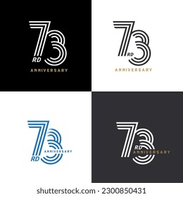 73 años aniversario número vectorial icono, etiqueta del logotipo de cumpleaños, negro, blanco y colores con número de banda
