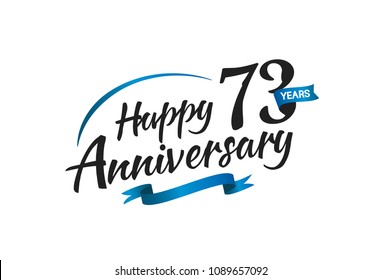 73 years happy anniversary celebration with blue swoosh and blue ribbon isolated on white background 