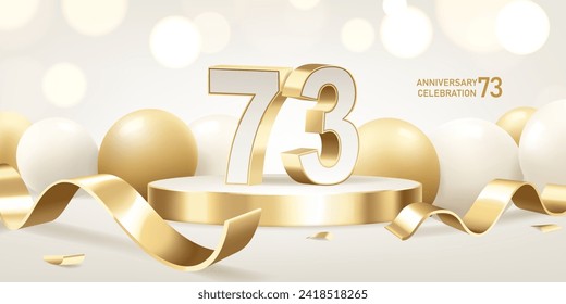 73rd Anniversary celebration background. Golden 3D numbers on round podium with golden ribbons and balloons with bokeh lights in background.