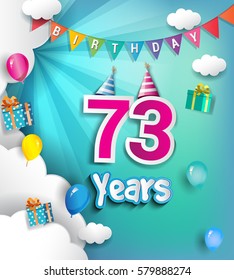 73rd Anniversary Celebration Design, with clouds and balloons. using Paper Art Design Style, Vector template elements for your, seventy three years birthday celebration party.