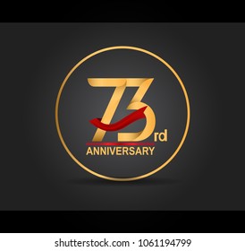 73rd anniversary design golden color with ring and red ribbon isolated on black background for celebration