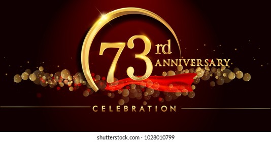 73rd anniversary logo with golden ring, confetti and red ribbon isolated on elegant black background, sparkle, vector design for greeting card and invitation card