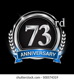 73rd anniversary logo with silver ring combination blue ribbon. Vector template for birthday celebration, party, wedding, invitation and greeting card
