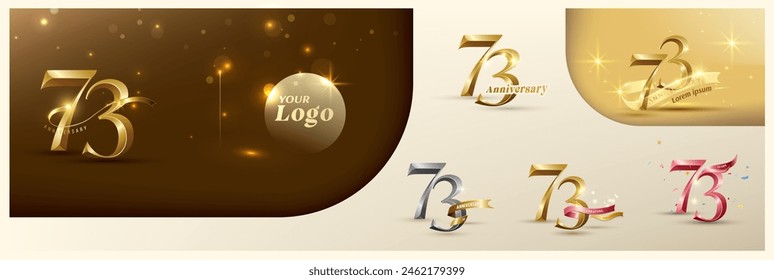 73rd anniversary logotype modern gold number with shiny ribbon. alternative logo number Golden anniversary celebration