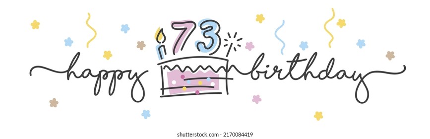 73rd Birthday handwritten typography lettering Greeting card with colorful big cake, number, candle and confetti