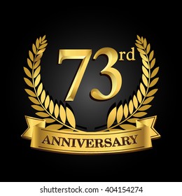73rd golden anniversary logo with ring and ribbon, laurel wreath vector design isolated on black background