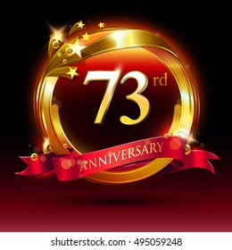 73rd golden anniversary logo. with ring and red ribbon.