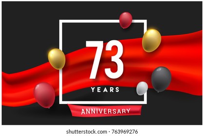 73rd years Anniversary celebration logo, isolated on red ribbon and balloon, vector elements for banner, invitation card and birthday party.