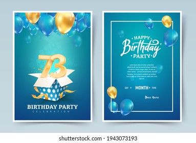 Tarjeta doble de invitación vector de 73 años. Folleto de la celebración del aniversario de la boda de 73 años. Plantilla de invitación para imprimir sobre fondo azul