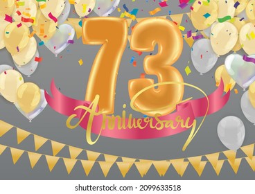 73th Anniversary celebration banner and balloons with festival confetti on red abstract background