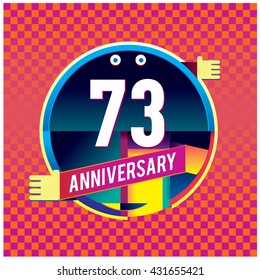73th anniversary logo with colorful circle badge. Anniversary signs illustration. Vibrant colors anniversary logo with geometric shape and circle ring