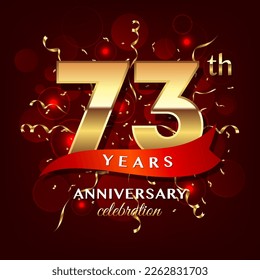 73th Anniversary logo design with golden numbers and red ribbon for anniversary celebration event, invitation, wedding, greeting card, banner, poster, flyer, brochure, book cover. Logo Vector Template
