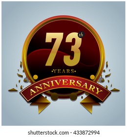 73th anniversary logo with gold circle badge. Anniversary signs illustration. Vibrant colors anniversary logo with geometric shape and circle gold ring